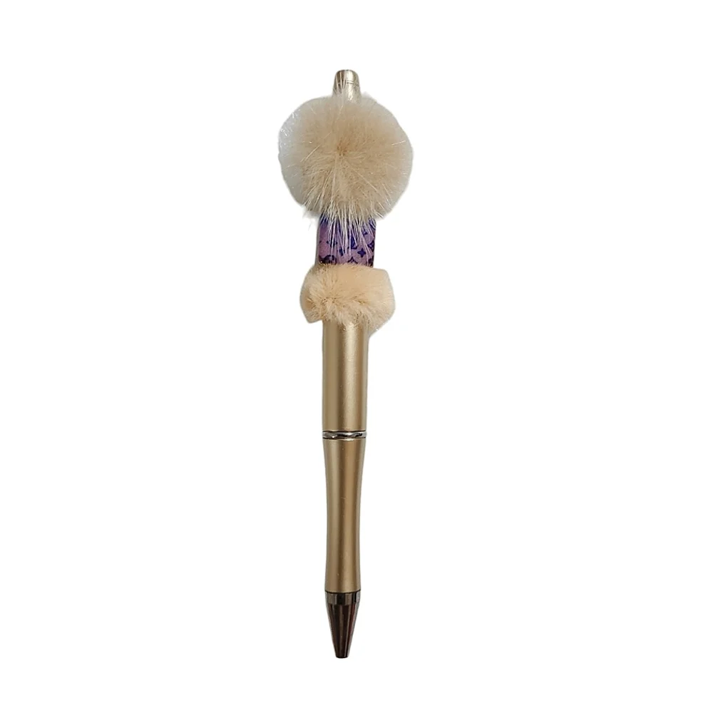 Fashion Fancy Bear Fur Beaded Ballpoint Twist Pen Metallic Gold Topper